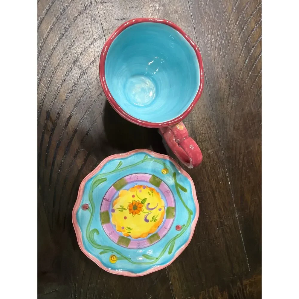 Certified International CIC Floral Cup Saucer Set Colorful Whimsical Ceramic
